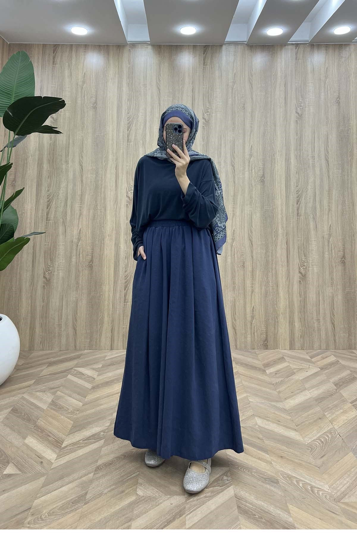 Bel Lastikli Dökümlü Modal Pantalon Lacivert