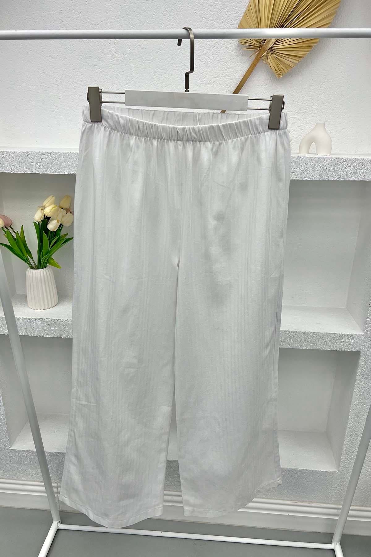 Bel Lastikli Kot Pantolon Beyaz