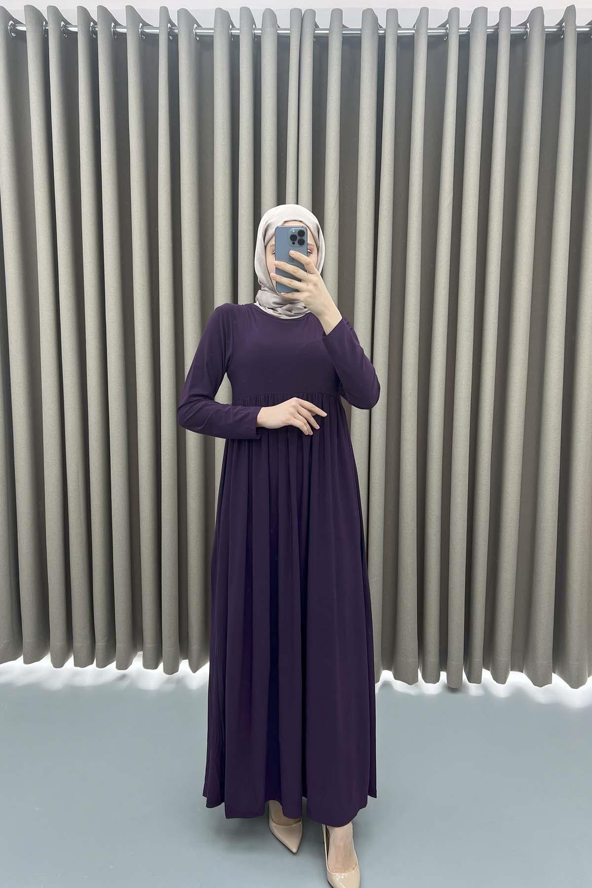 Bel Lastikli Penye Elbise Mor