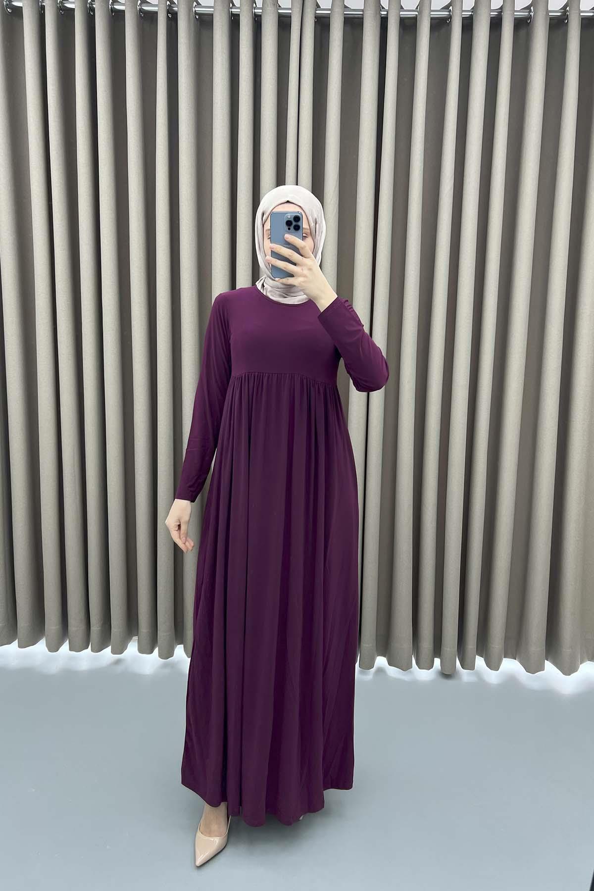 Bel Lastikli Penye Elbise Mürdüm