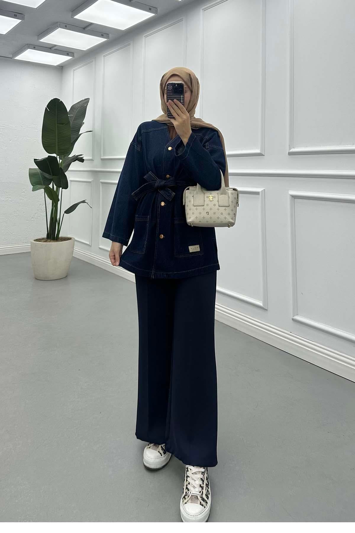 Belden Bağlamalı Denim Ceket Lacivert