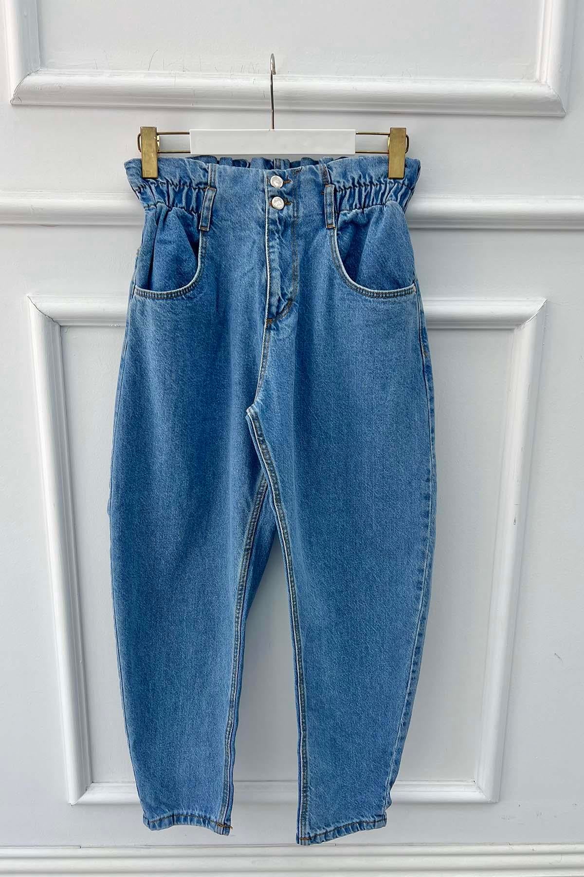 Beli Lastikli Çift Düğme Kot Pantolon Açık Mavi
