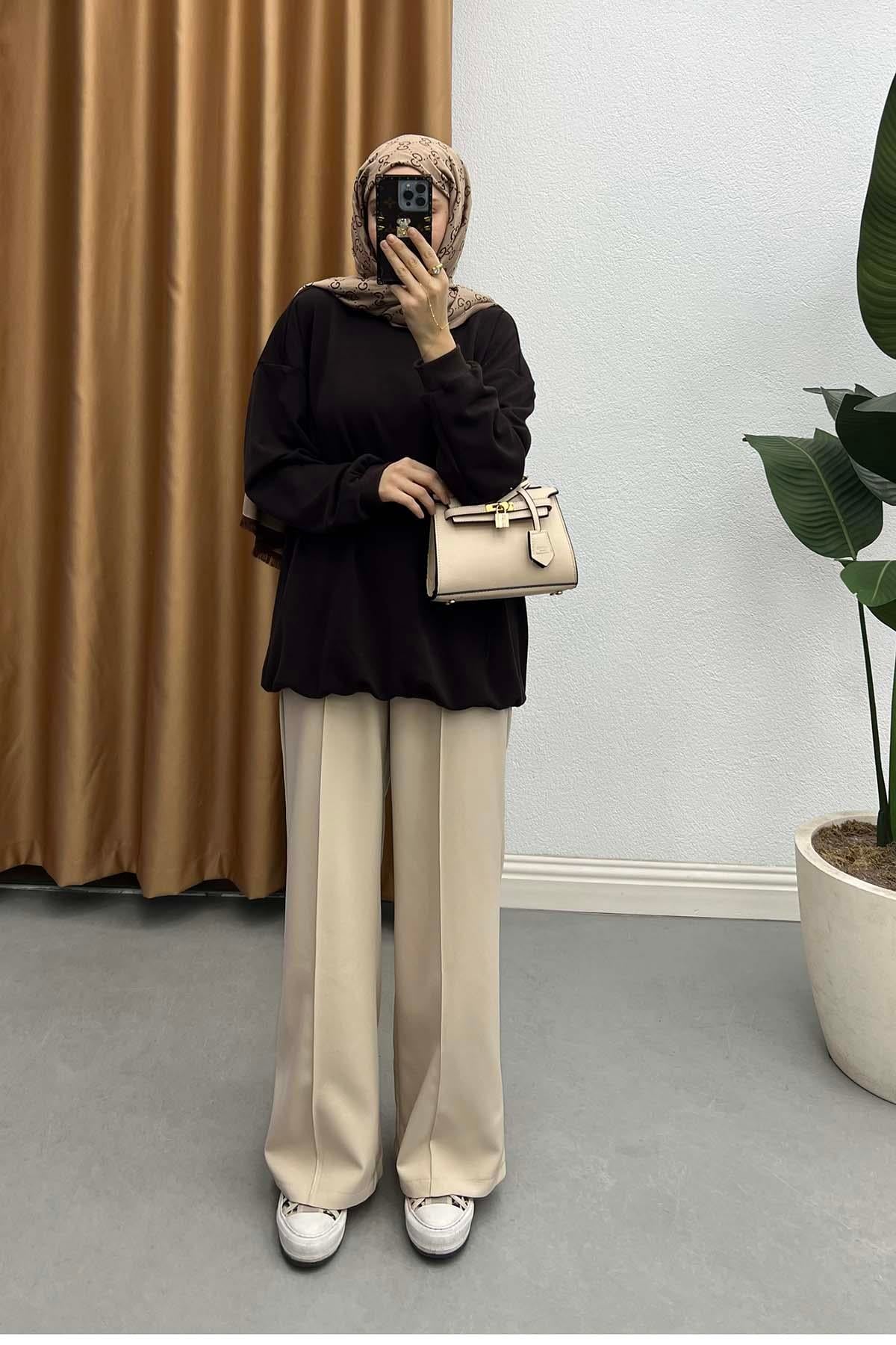 Beli Lastikli Çımalı Krep Pantalon Bej