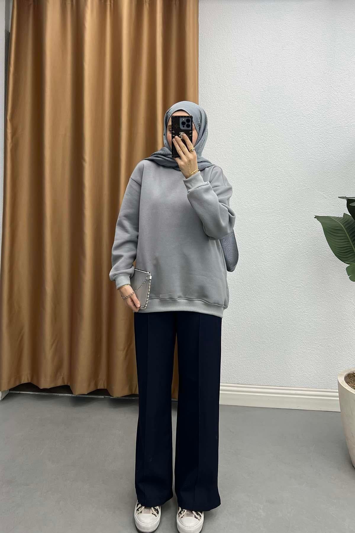 Beli Lastikli Çımalı Krep Pantalon Lacivert