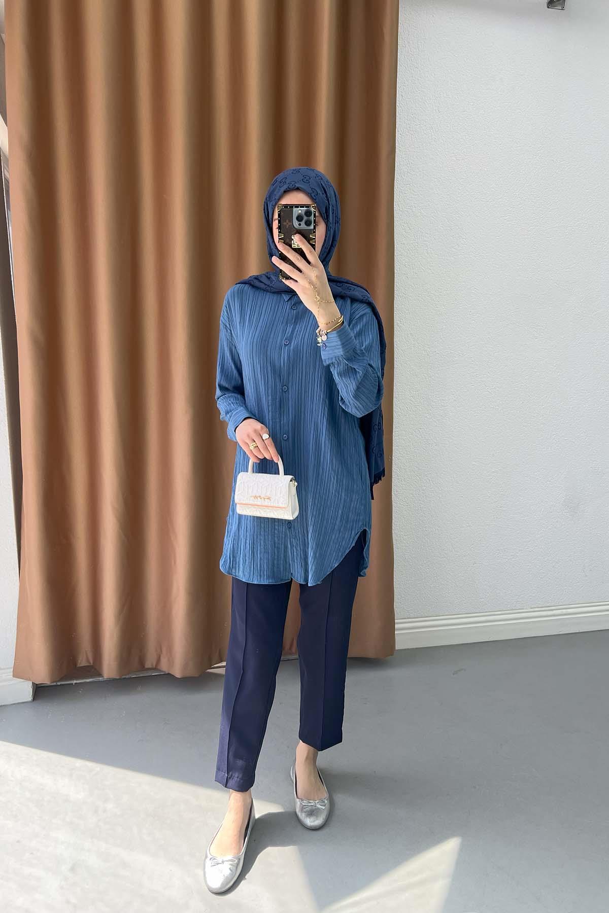 Beli Lastikli Çımalı Pantolon Lacivert
