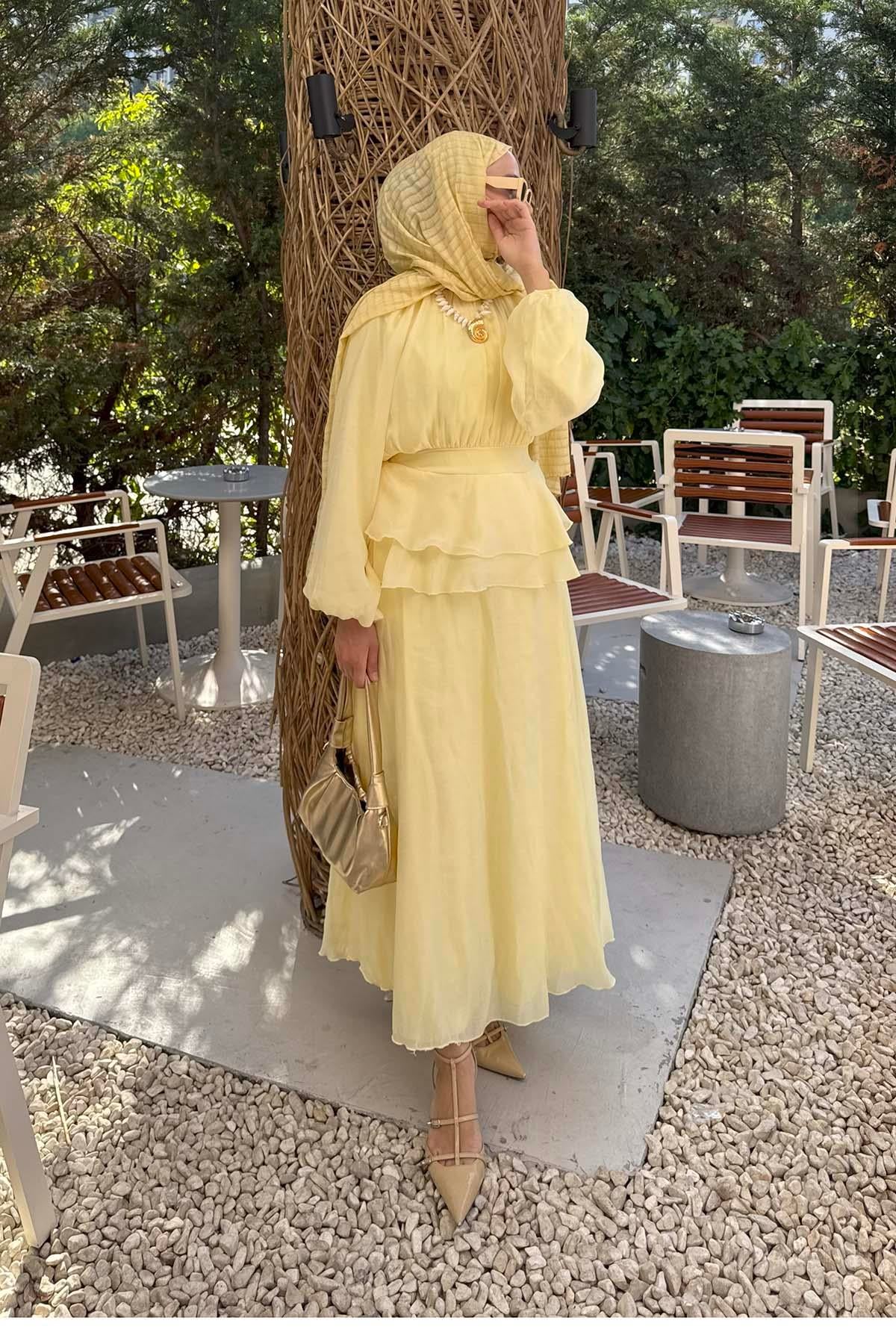 Beli Lastikli Fırfır Detay (Astarlı) Elbise Sarı