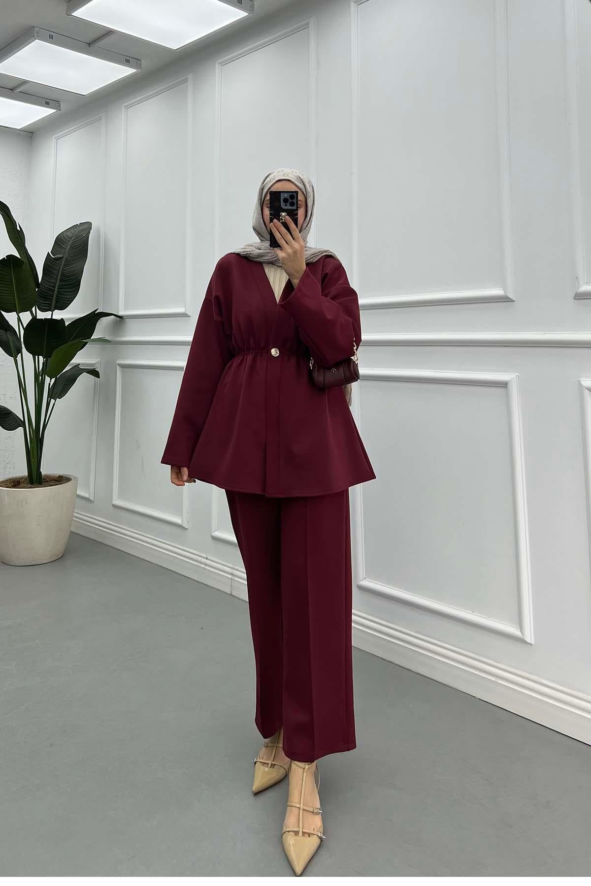 Beli Lastikli Pantolonlu Scuba Takım Bordo