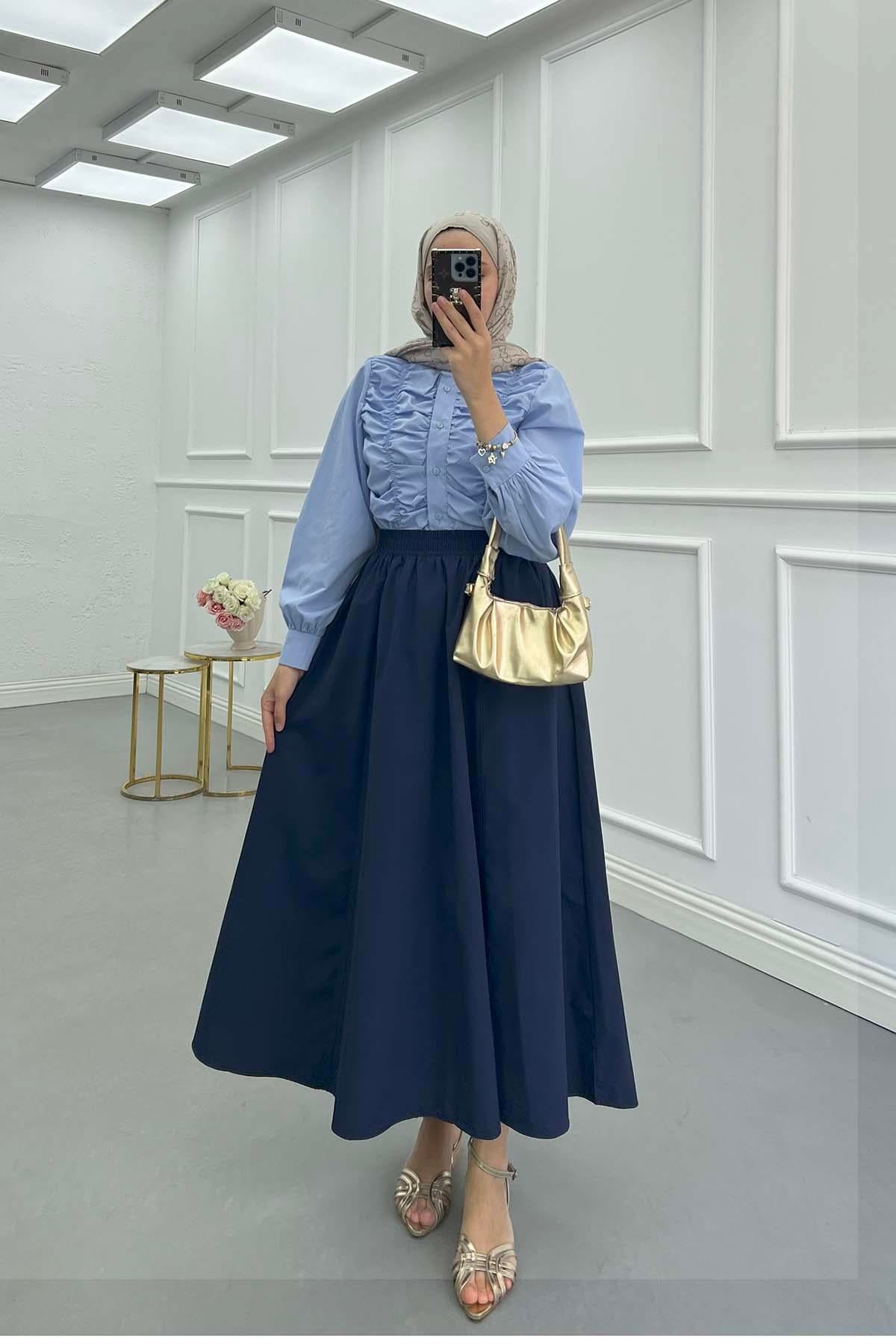 Beli Lastikli Poplin Etek Lacivert