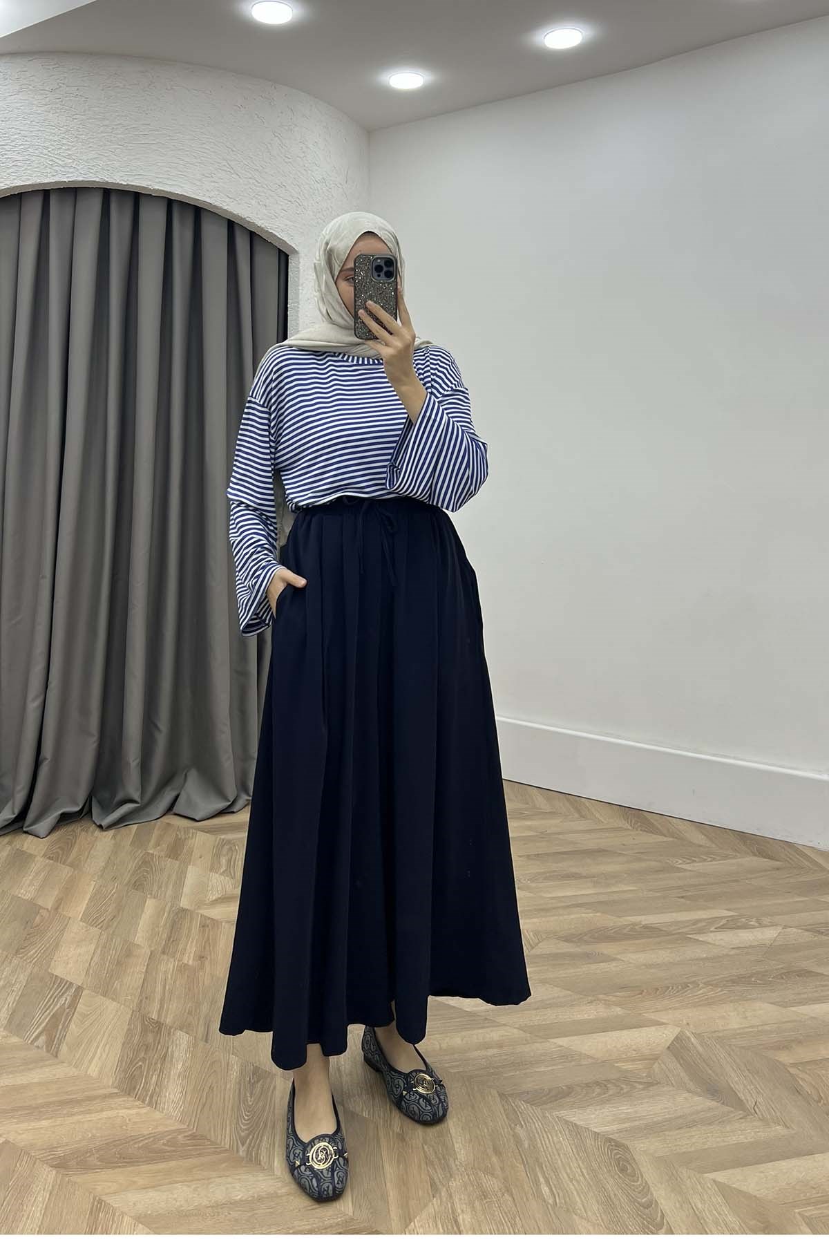 Beli Lastikli Rahat Kalıp Pantalon Lacivert