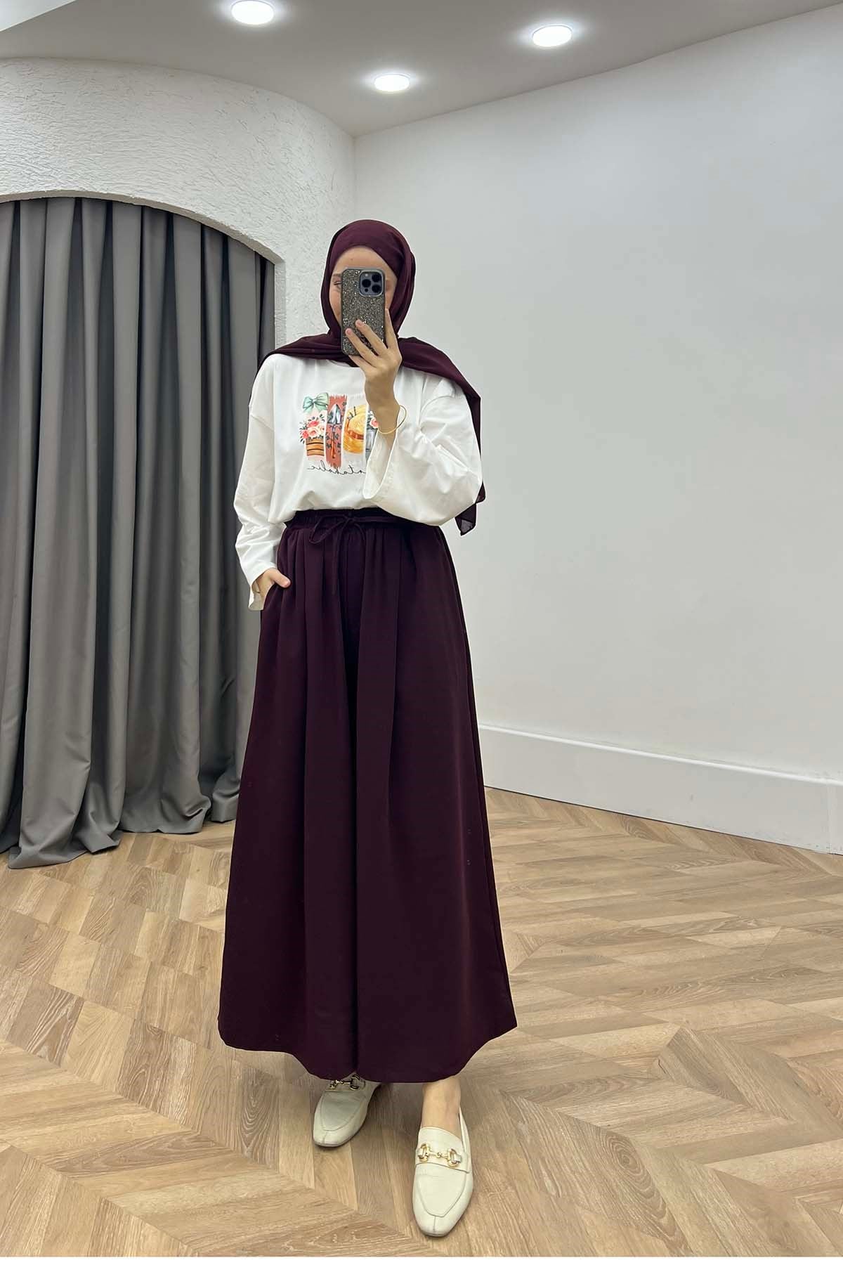 Beli Lastikli Rahat Kalıp Pantalon Mürdüm