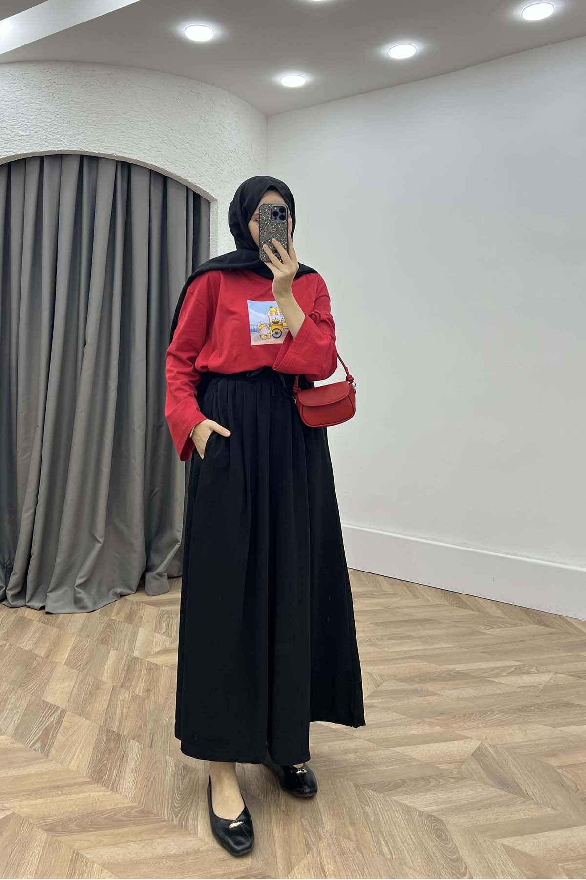 Beli Lastikli Rahat Kalıp Pantalon Siyah