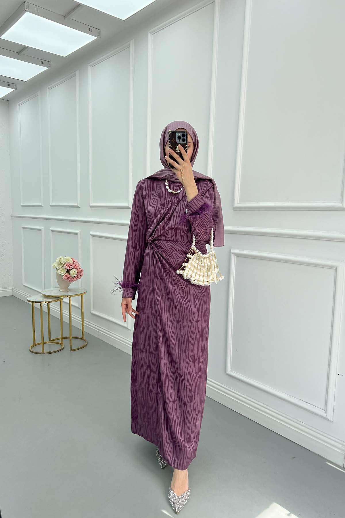 Bileği Tül Detaylı Jakar Elbise Mor