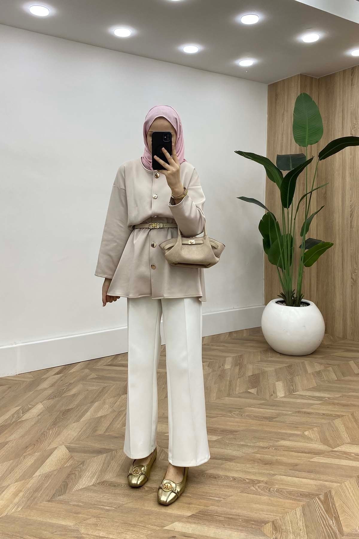 Bisiklet Yaka Bel Büzgülü Modern Tunik Taş