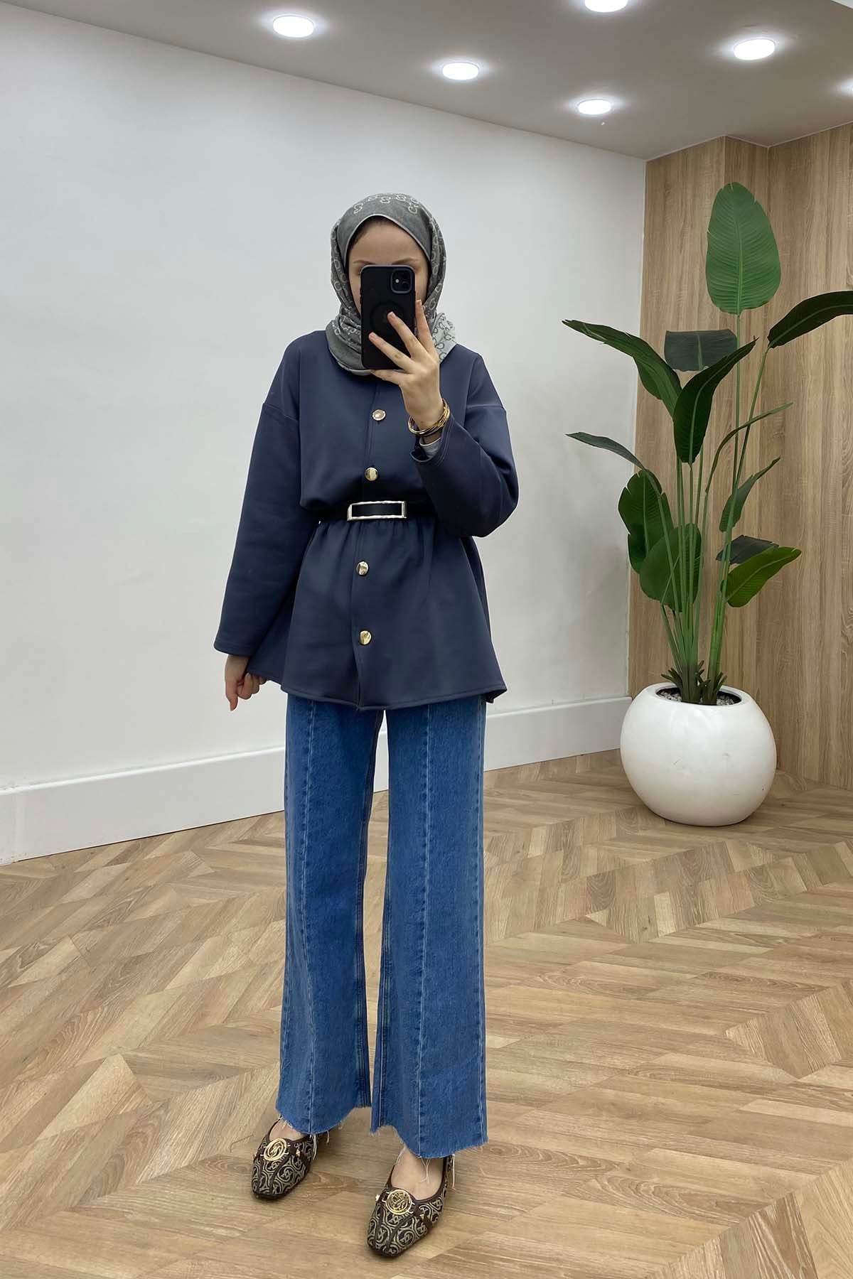 Bisiklet Yaka Bel Büzgülü Modern Tunik Gri