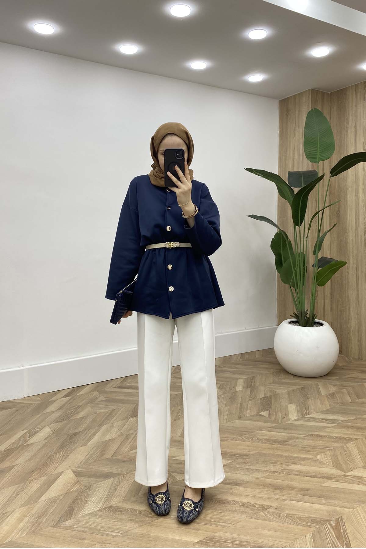 Bisiklet Yaka Bel Büzgülü Modern Tunik Lacivert