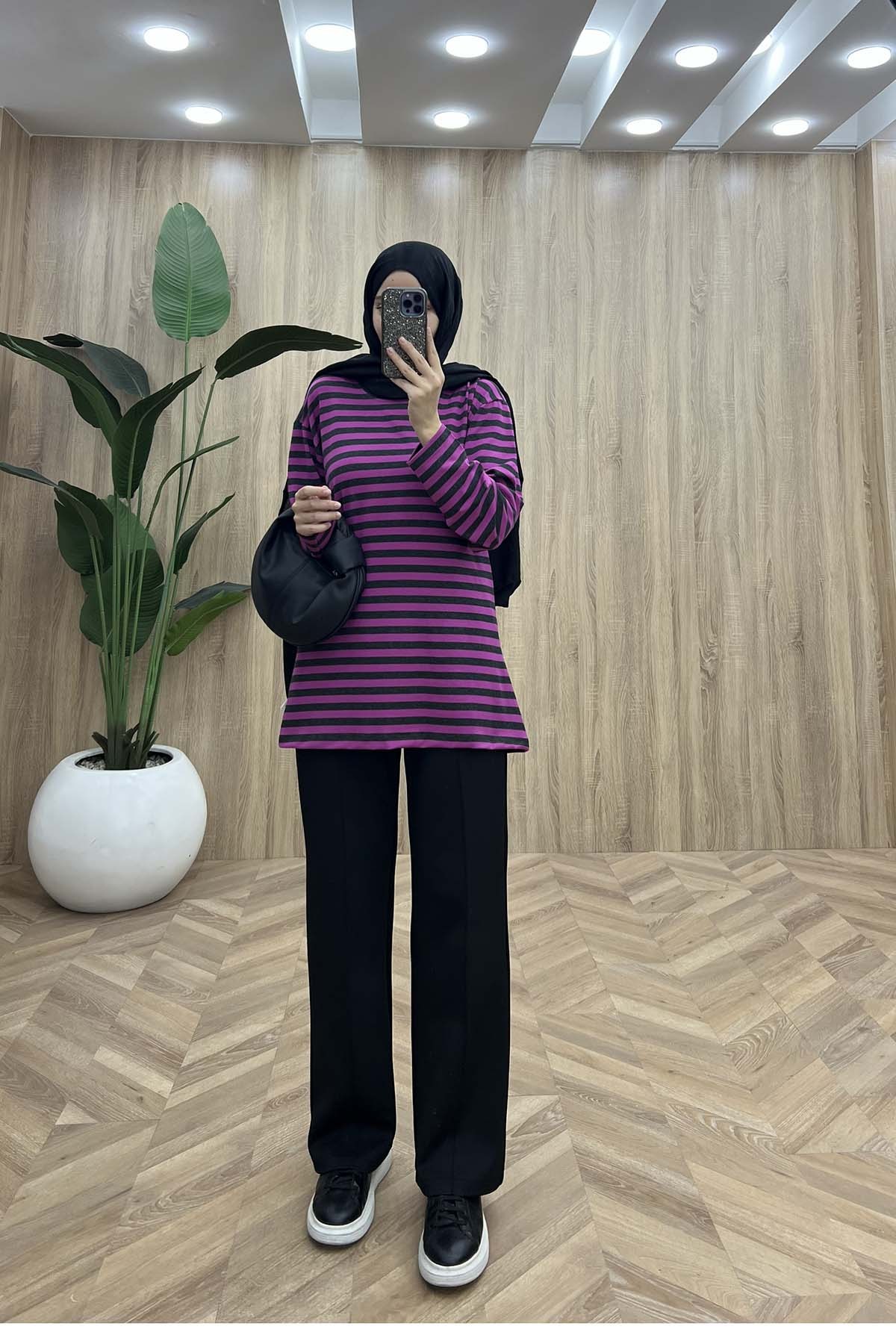 Bisiklet Yaka Çizgili Penye Sweatshirt Pembe