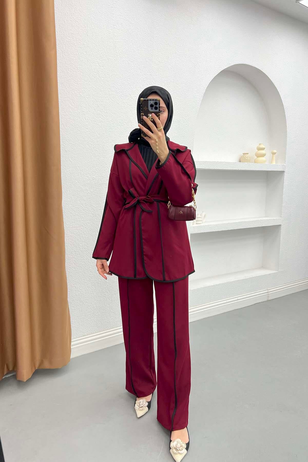 Biye Detaylı Bağlamalı Ceket Takım Bordo