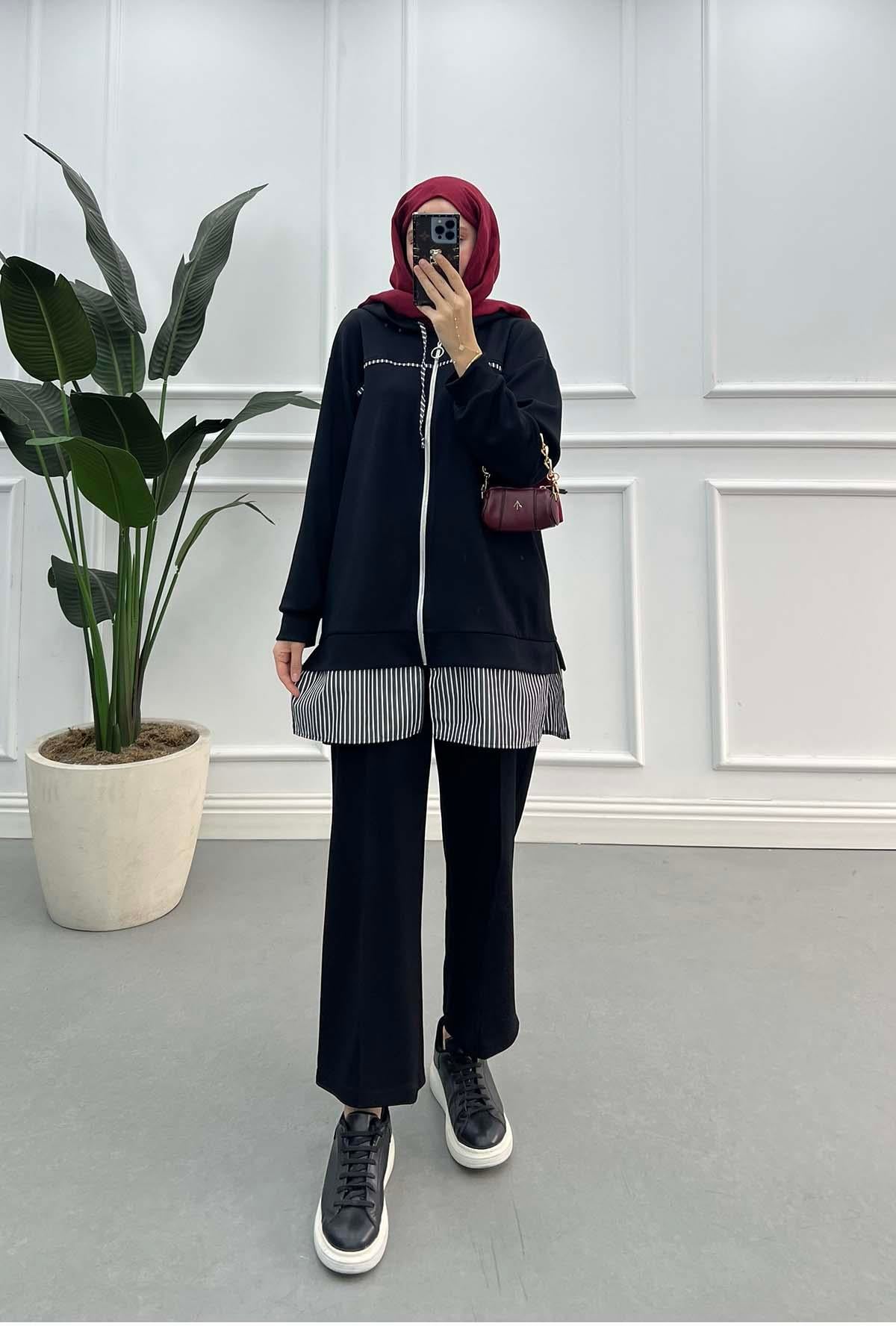 Biyeli Kapüşonlu Oysh Takım Siyah