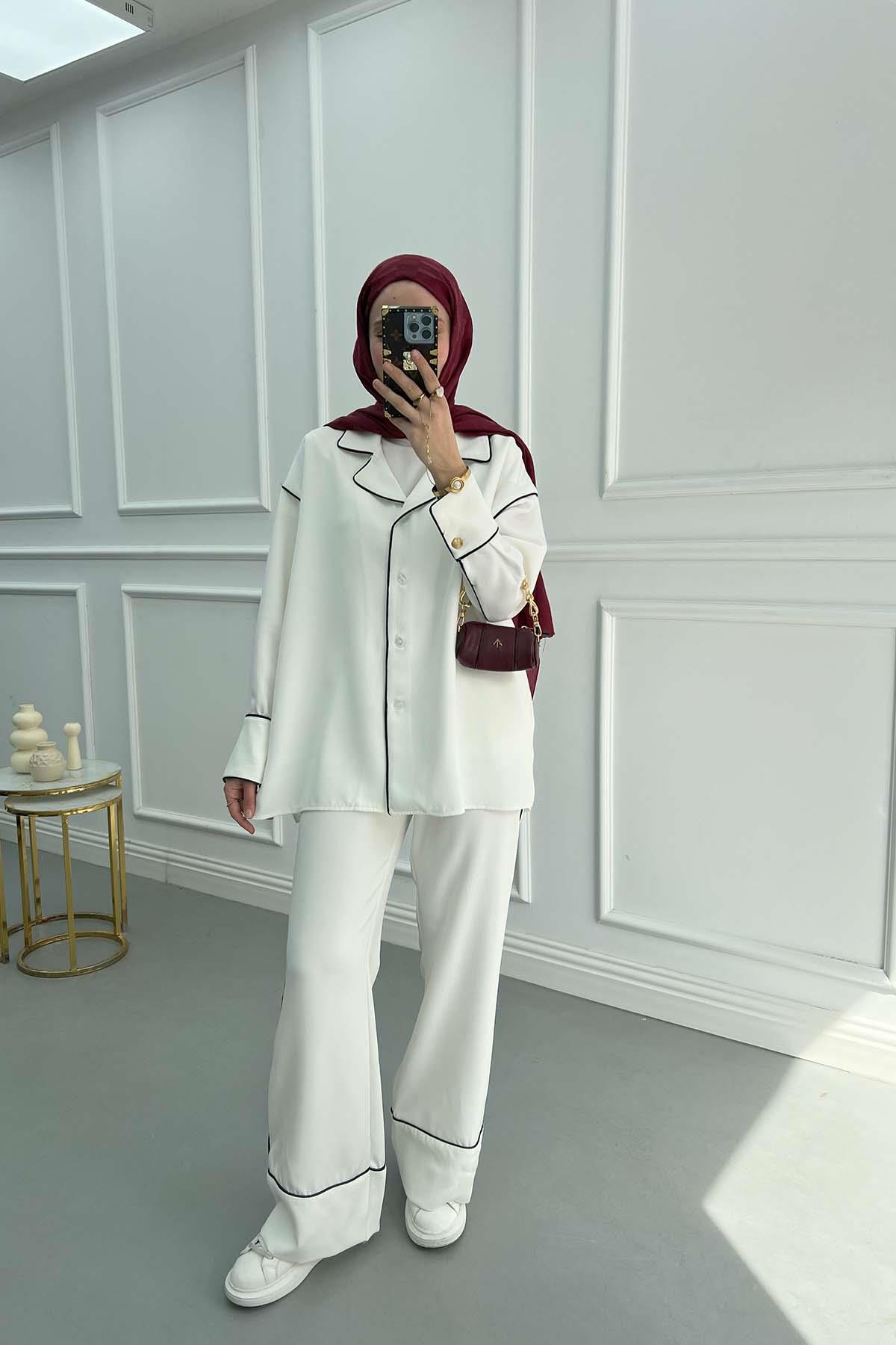 Biyeli Pantolon Takım Beyaz