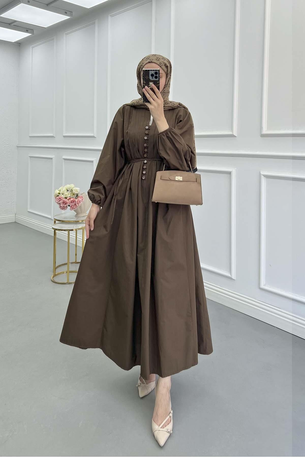 Biyeli Poplin Elbise Kahve