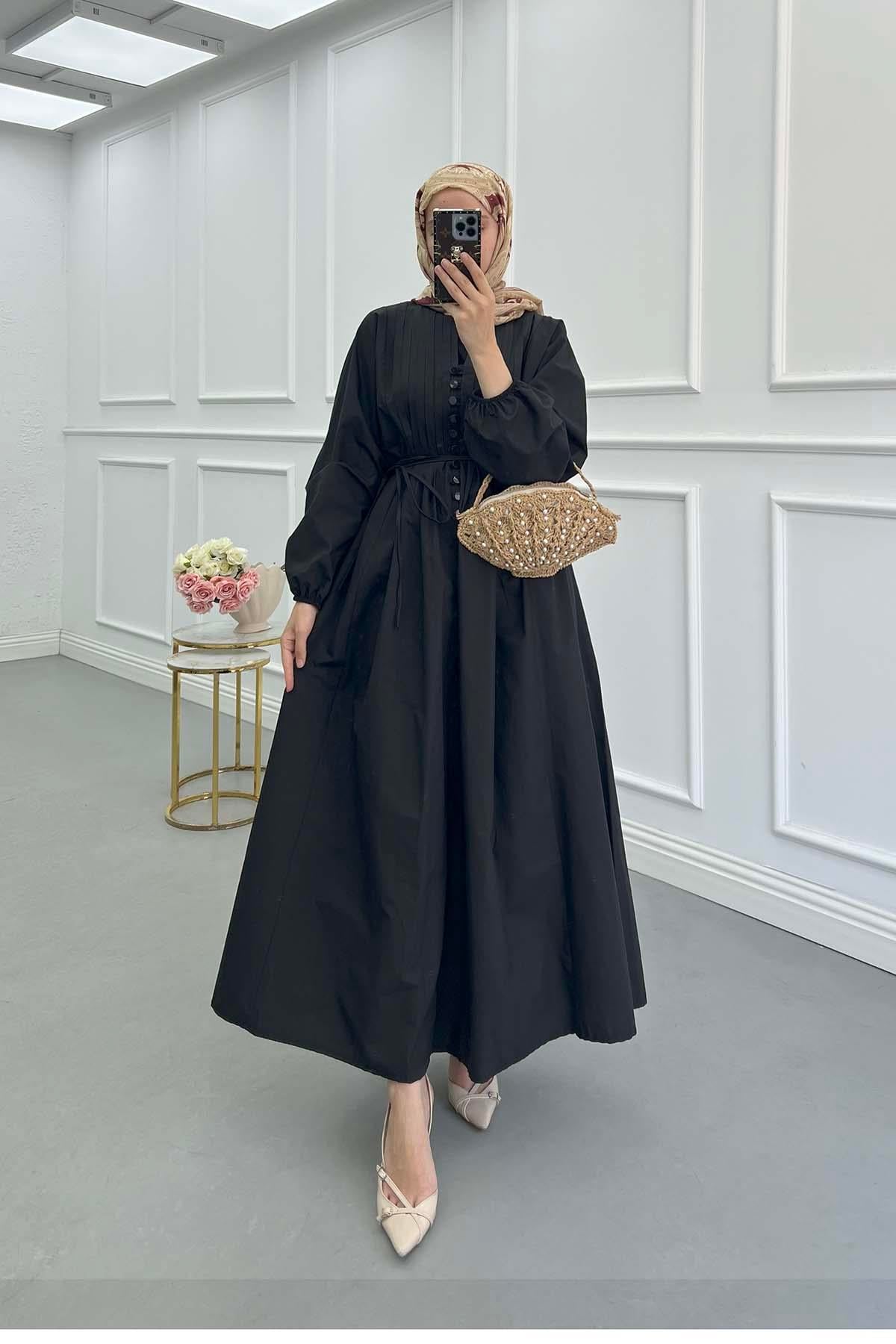 Biyeli Poplin Elbise Siyah