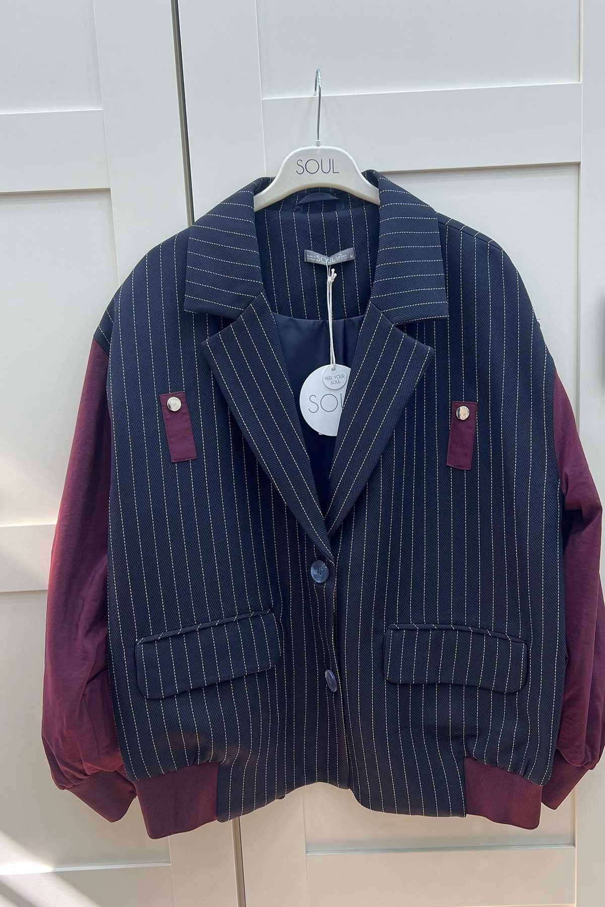 Blazer Yakalı Çizgili Bomber Ceket Bordo - Lacivert