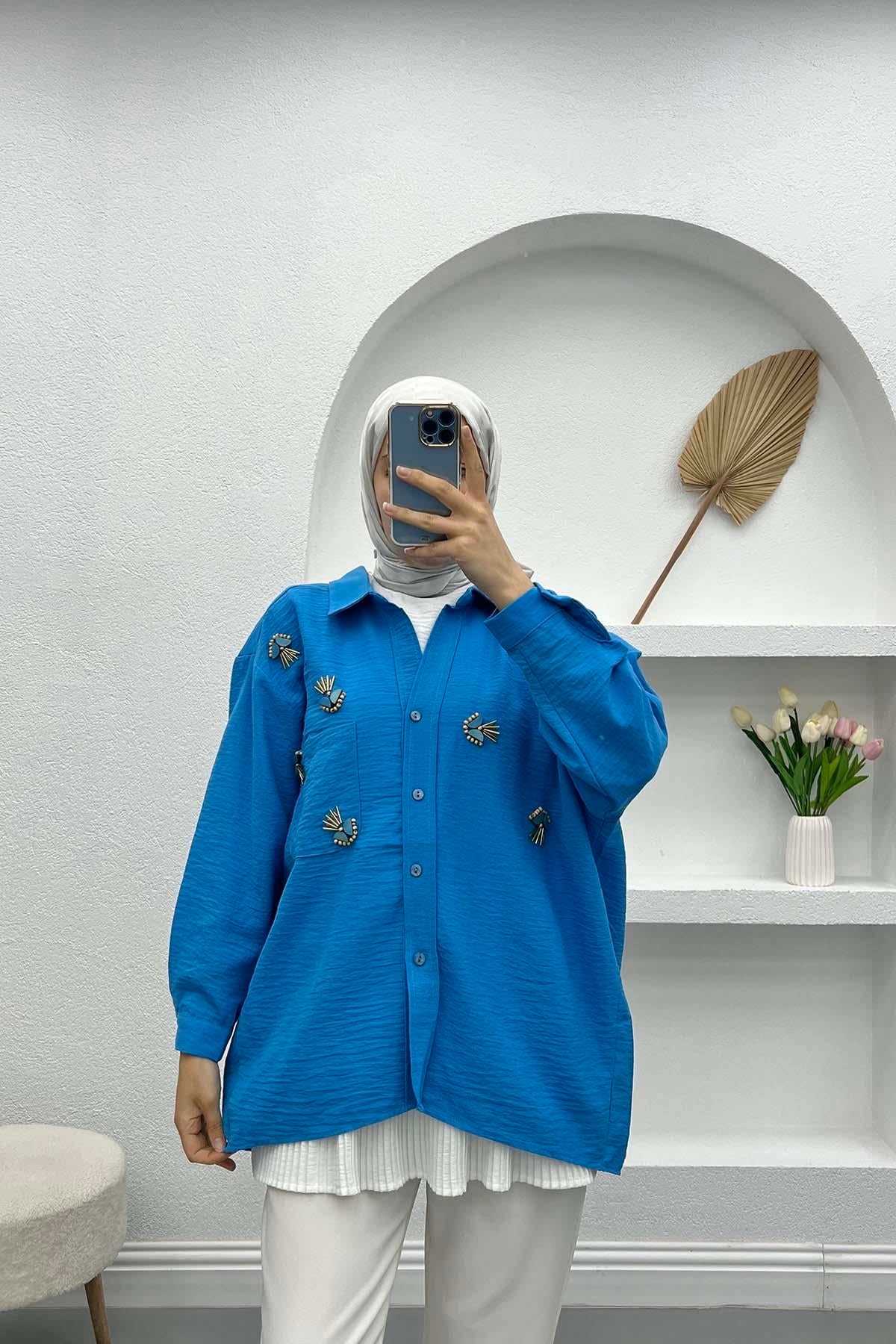Boncuk İşlemeli Oversize Gömlek Mavi