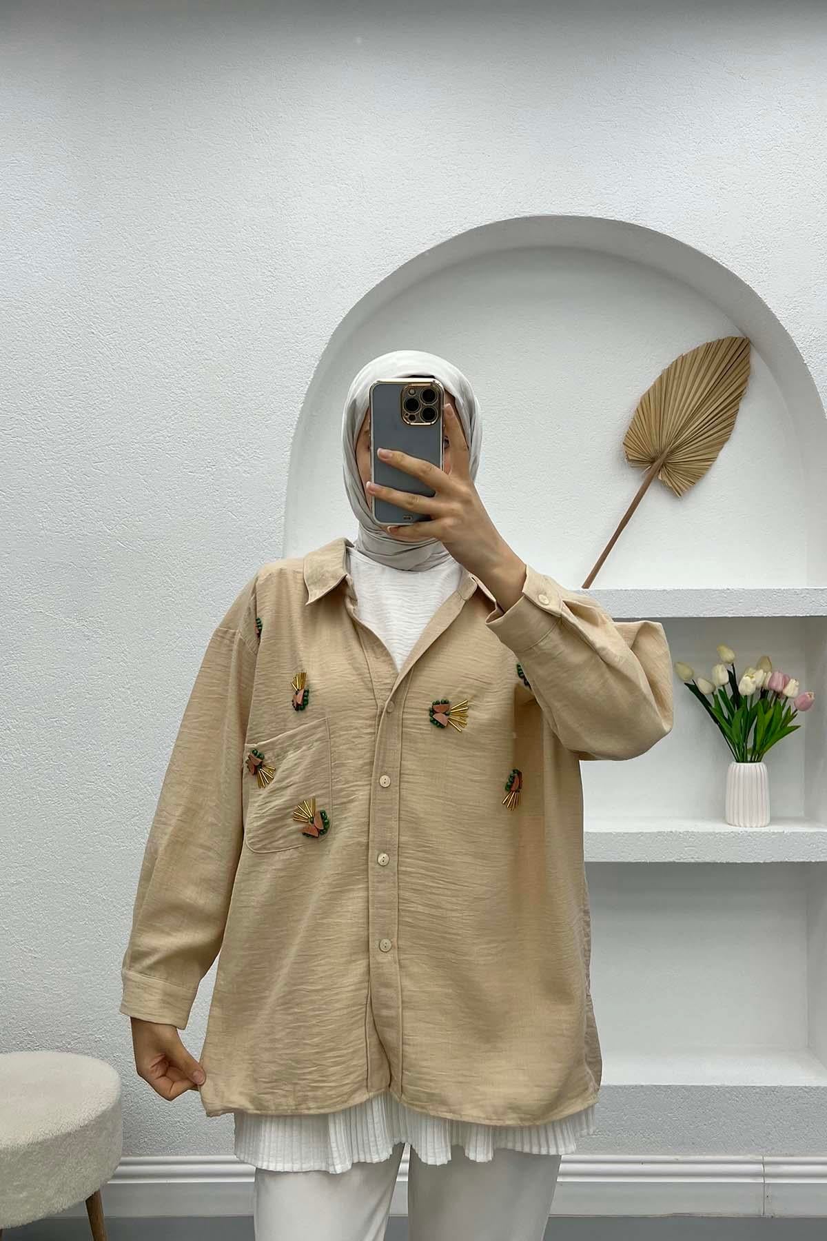 Boncuk İşlemeli Oversize Gömlek Taş