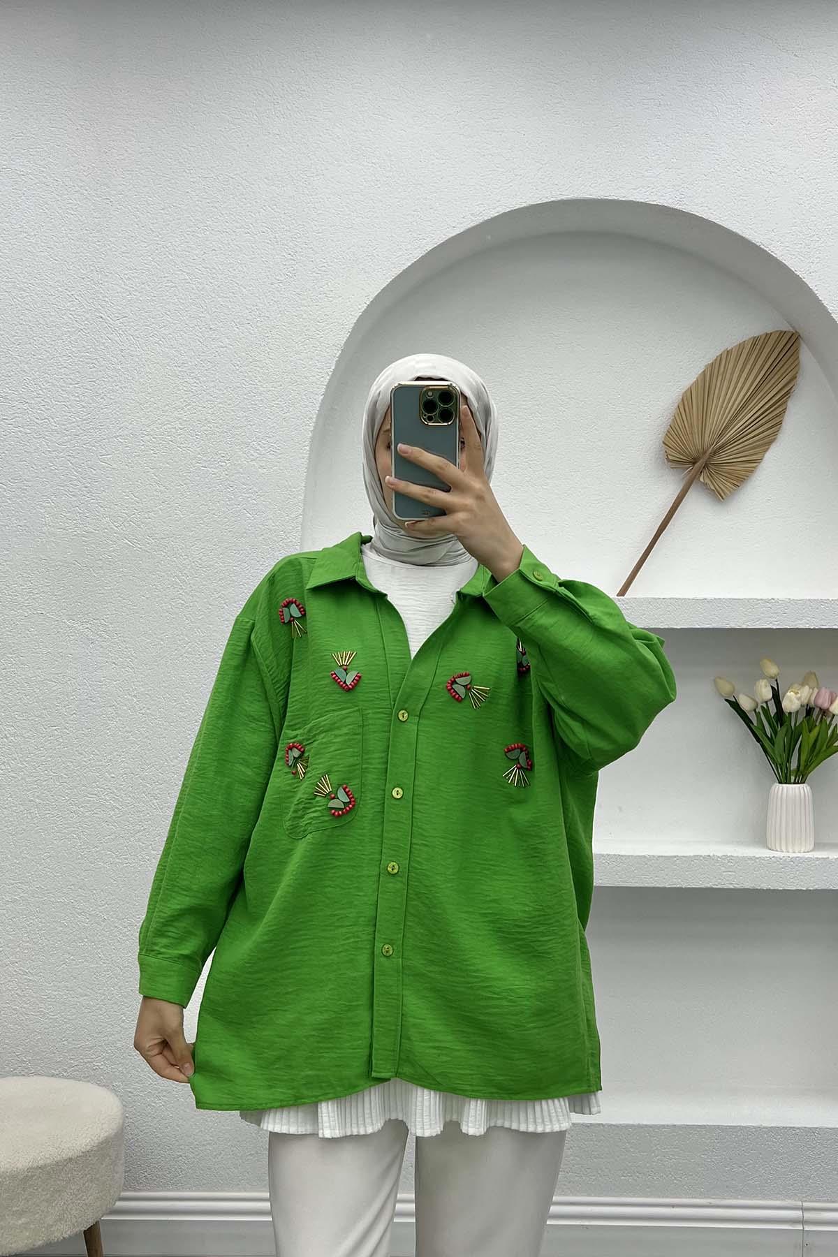 Boncuk İşlemeli Oversize Gömlek Yeşil