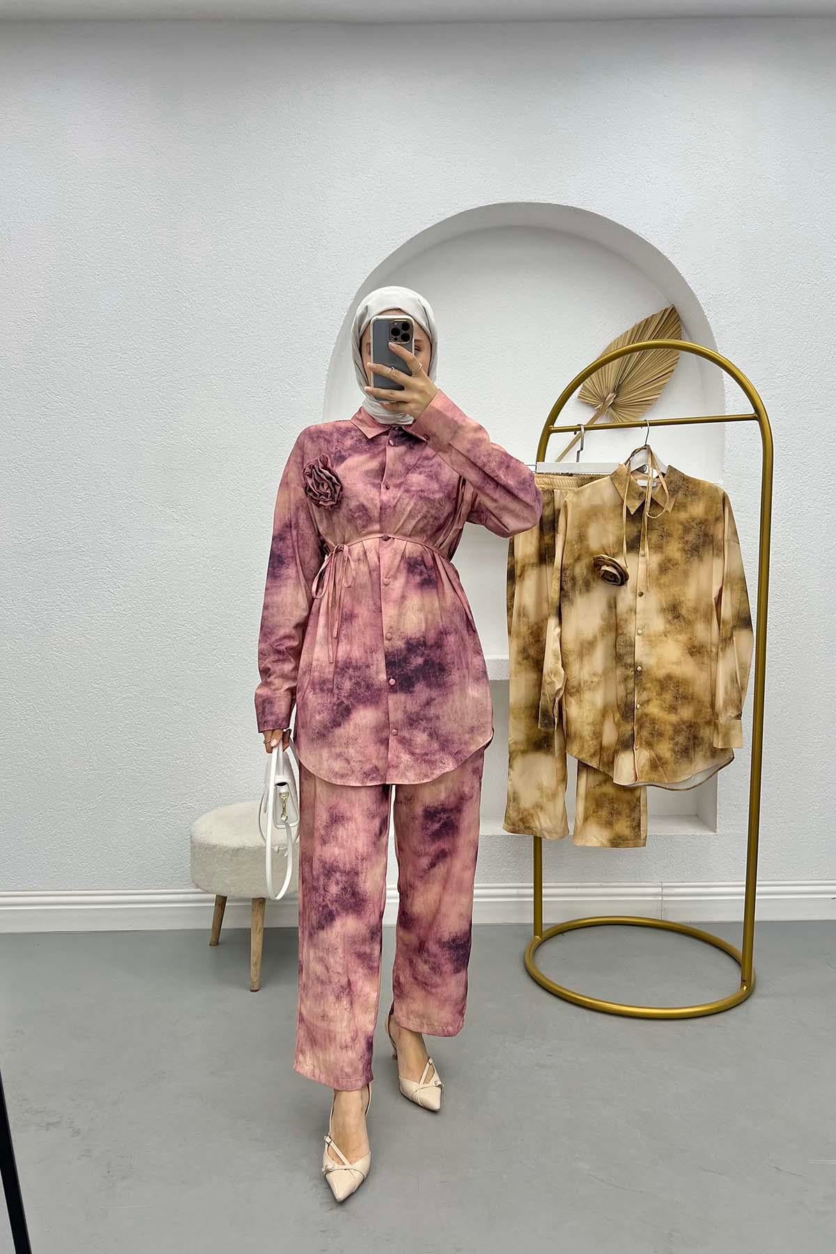 Broşlu Batik Desen Takım Mürdüm