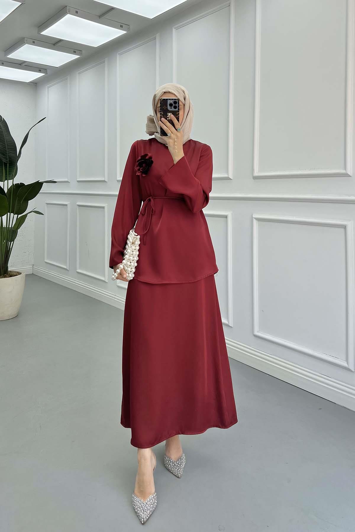 Broşlu Saten Takım Bordo