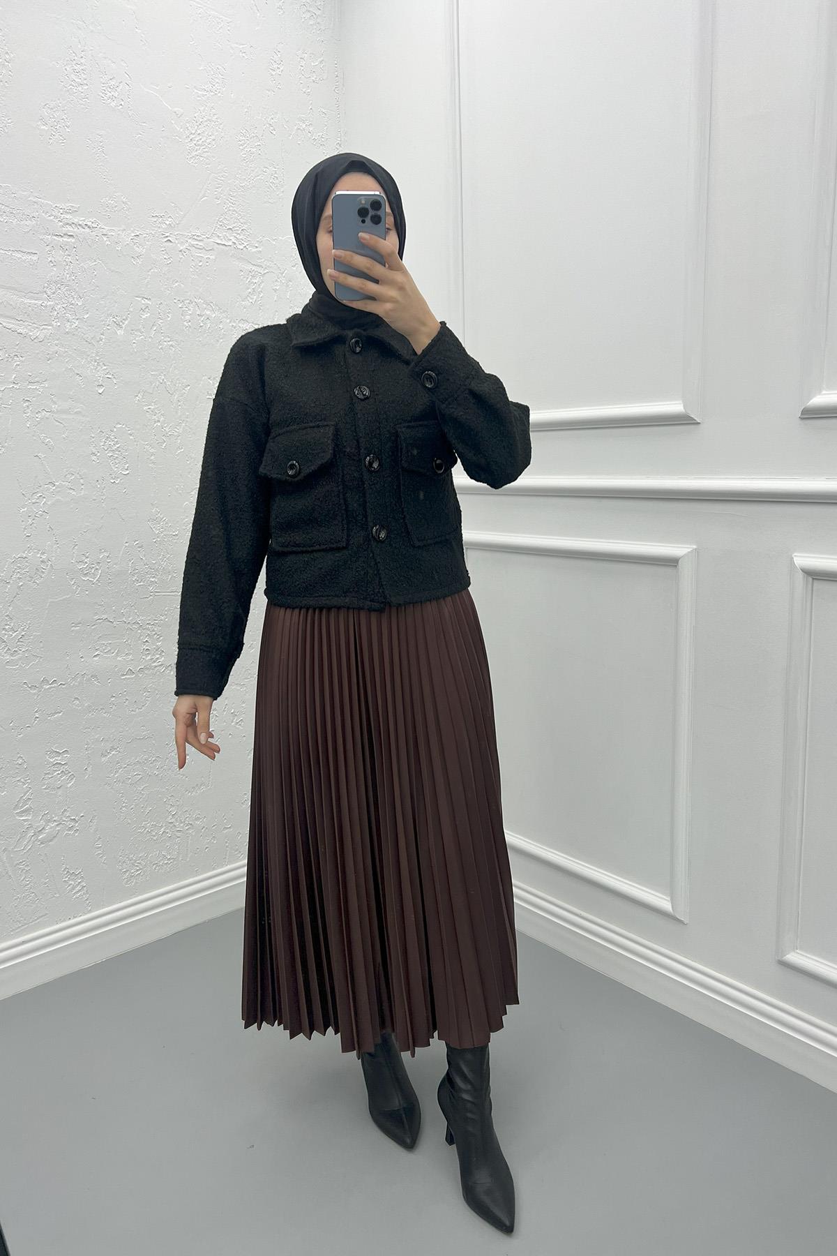 Buklet Cepli Crop Ceket Siyah