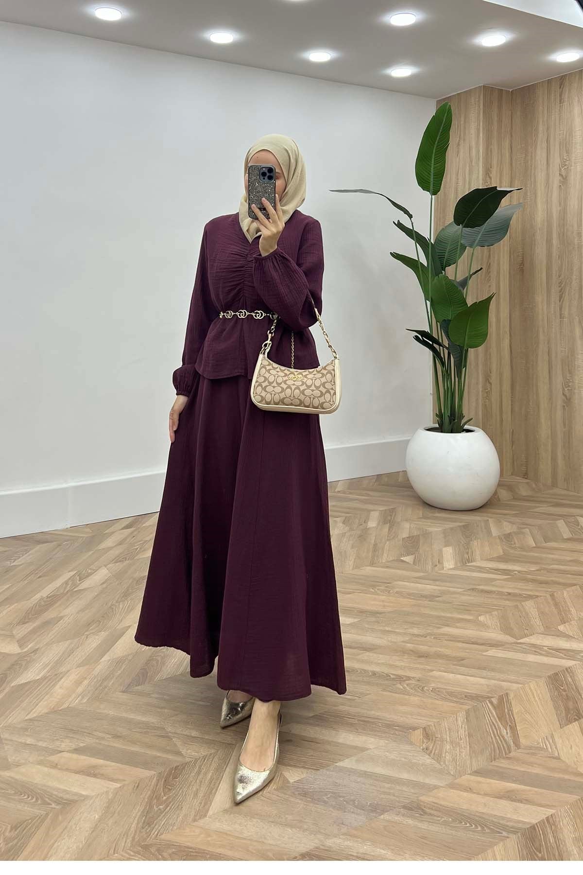 Büzgü Detaylı V Yaka İkili Takım Bordo