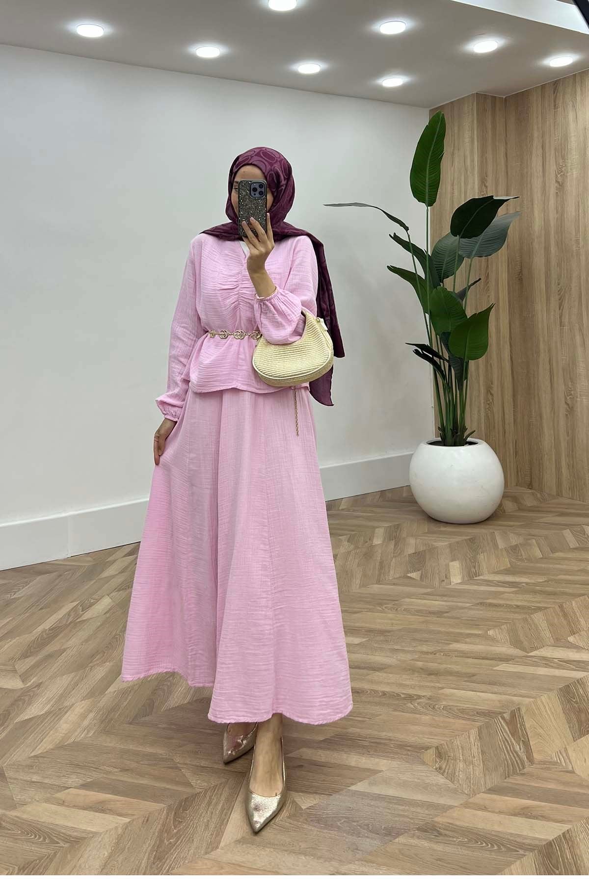 Büzgü Detaylı V Yaka İkili Takım Pembe