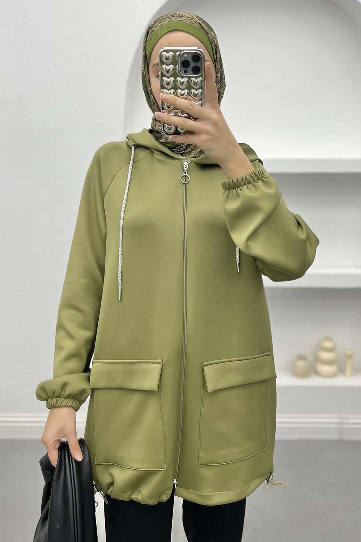 Büzgülü Cepli Scuba Tunik Soft Yeşil