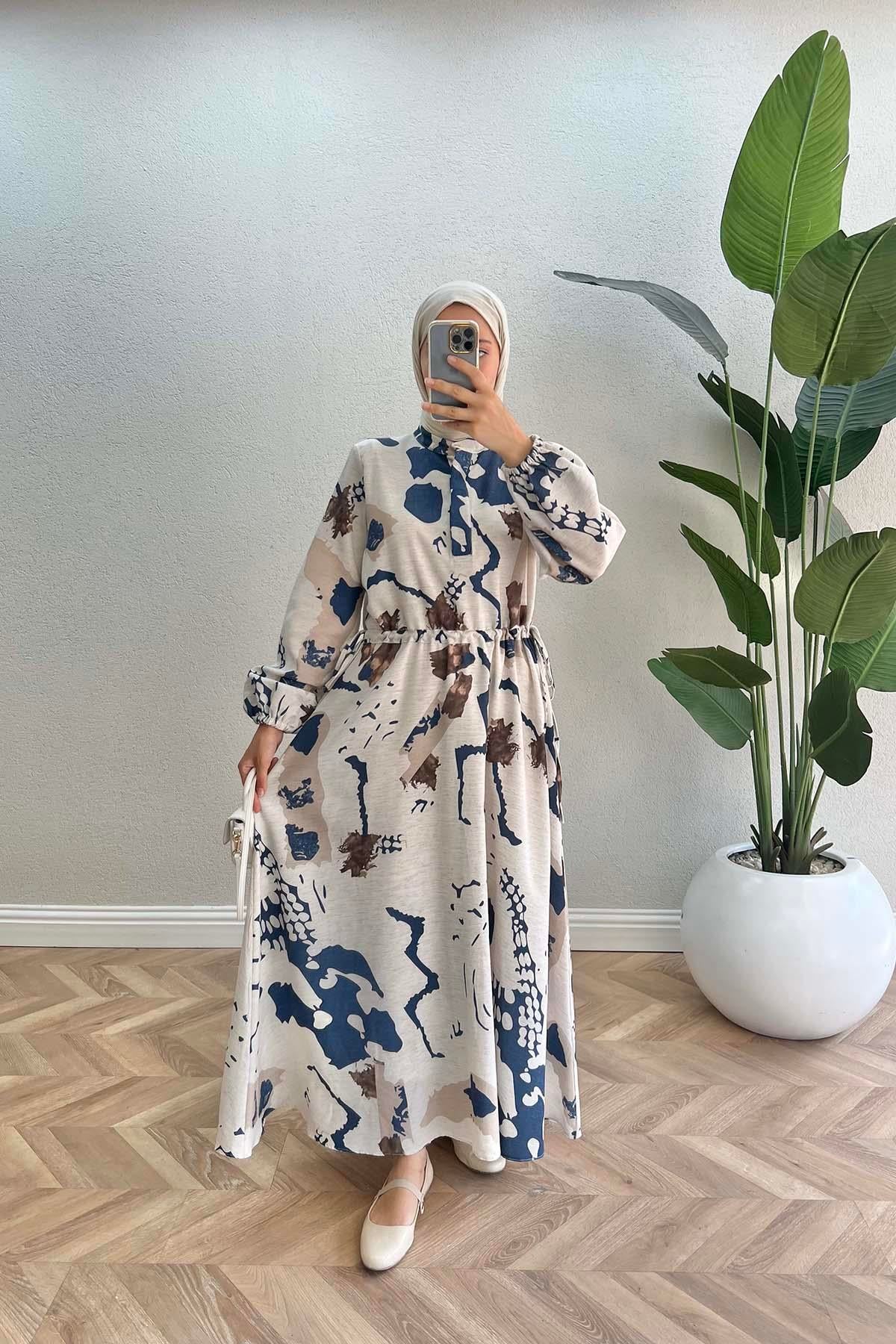 Büzgülü Desenli Keten Elbise Lacivert