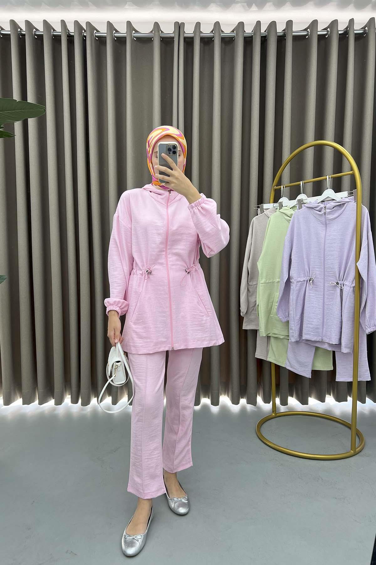 Büzgülü Kapüşonlu Takım Pembe
