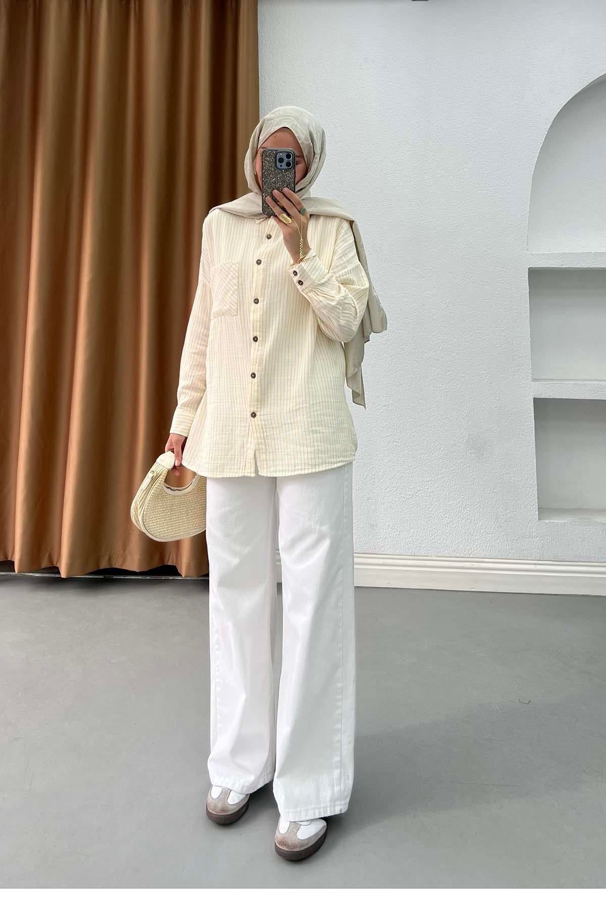Casual Stil Çizgili Pamuk Gömlek Sarı