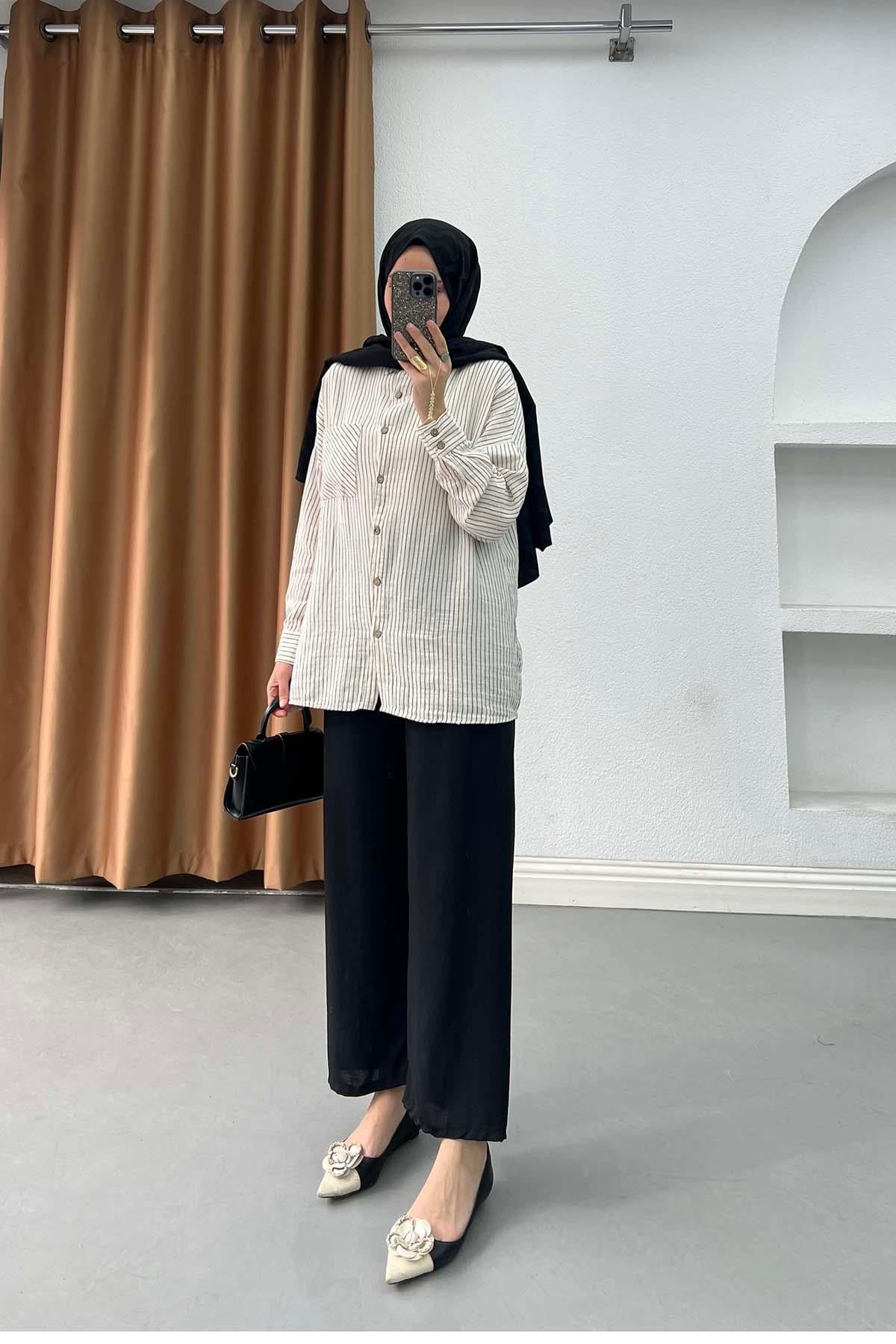 Casual Stil Çizgili Pamuk Gömlek Siyah