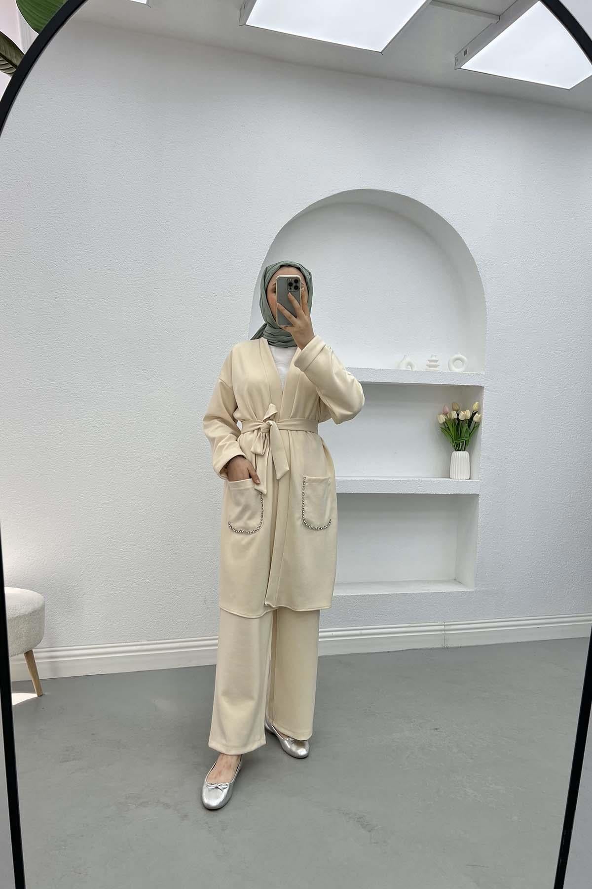 Cebi Taşlı Kimono Takım Krem