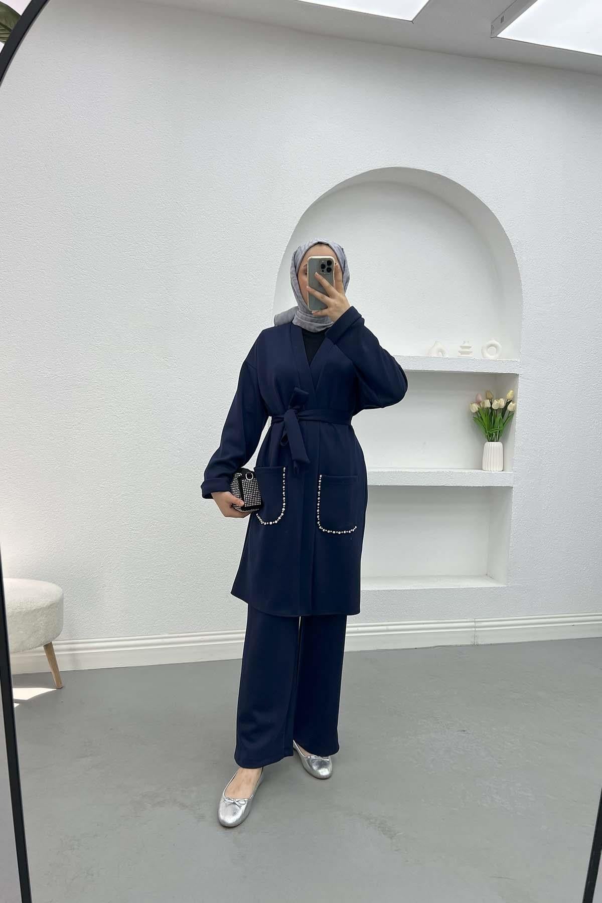 Cebi Taşlı Kimono Takım Lacivert