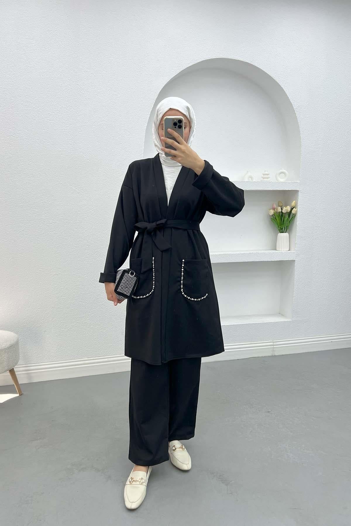 Cebi Taşlı Kimono Takım Siyah