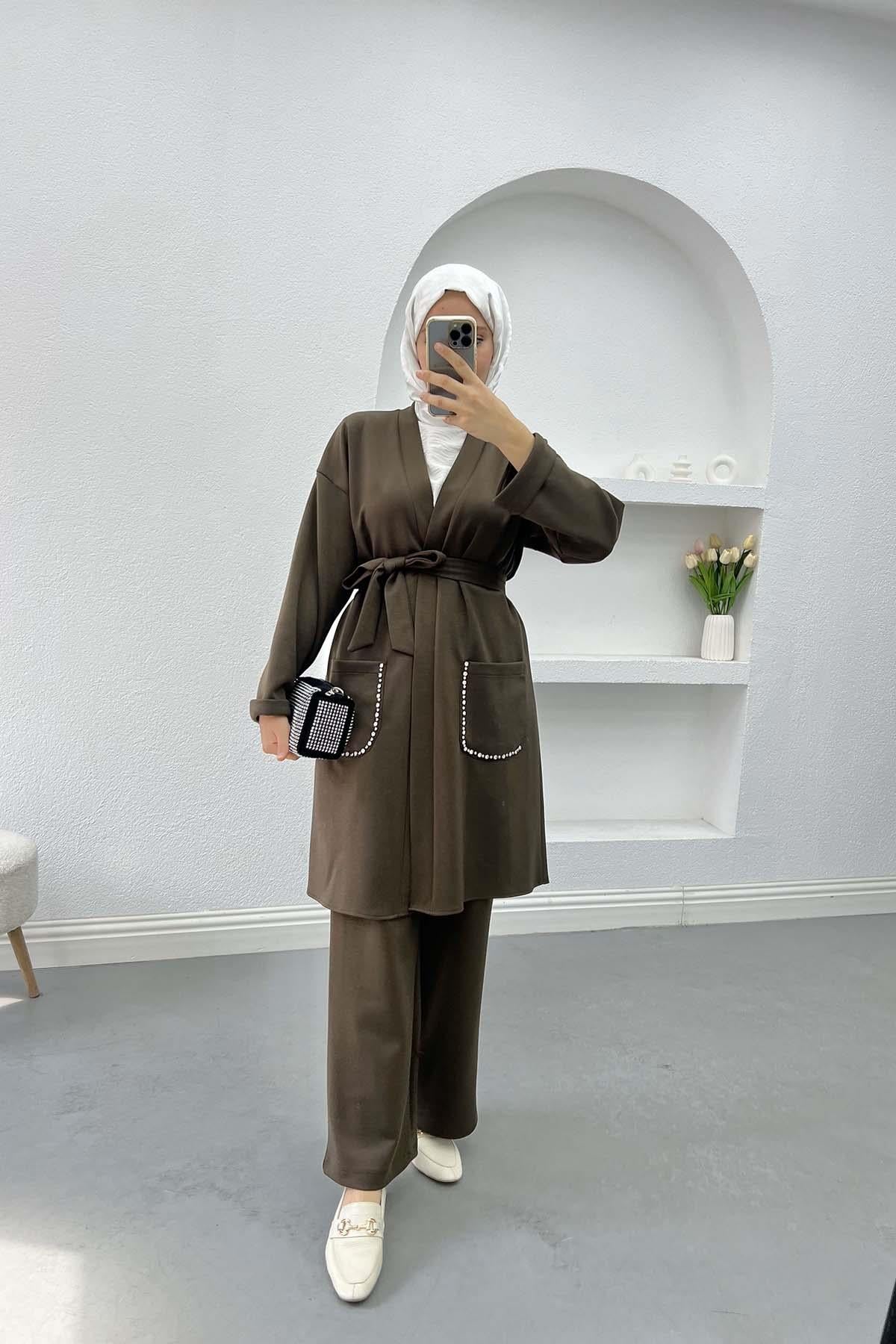 Cebi Taşlı Kimono Takım Vizon