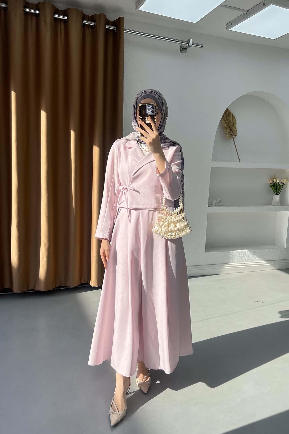 Ceketi Bağlamalı Etek Takım Pembe