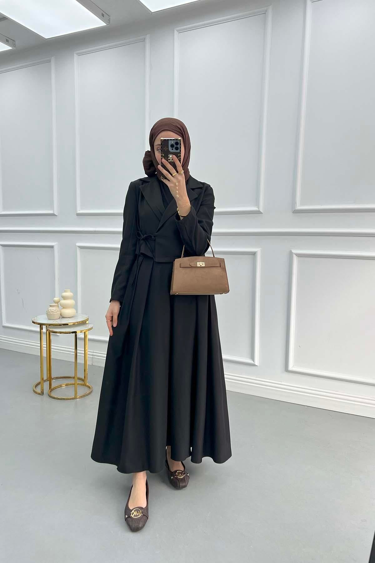 Ceketi Bağlamalı Etek Takım Siyah