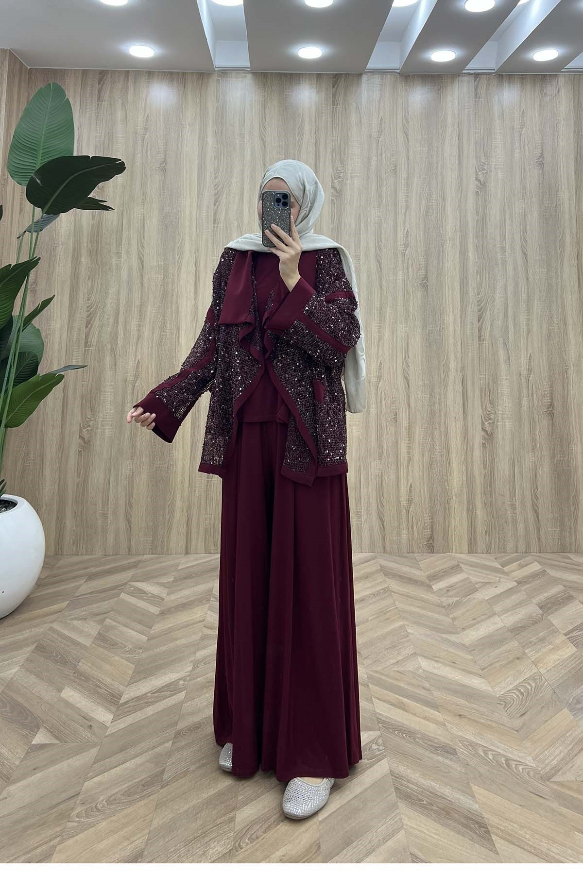 Ceketi Pullu Üçlü Oysho Takım Bordo