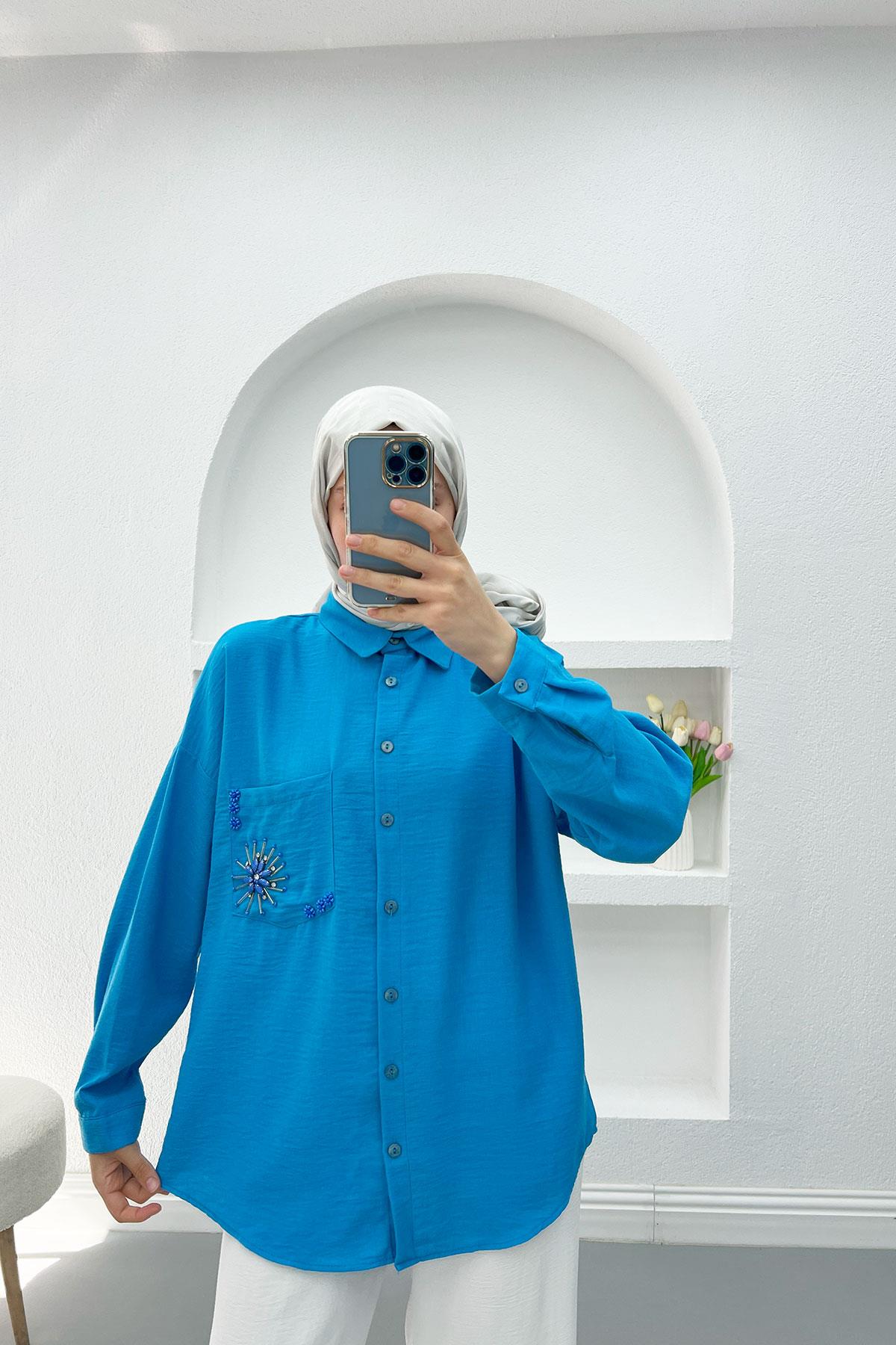 Cep Boncuklu Gömlek Mavi