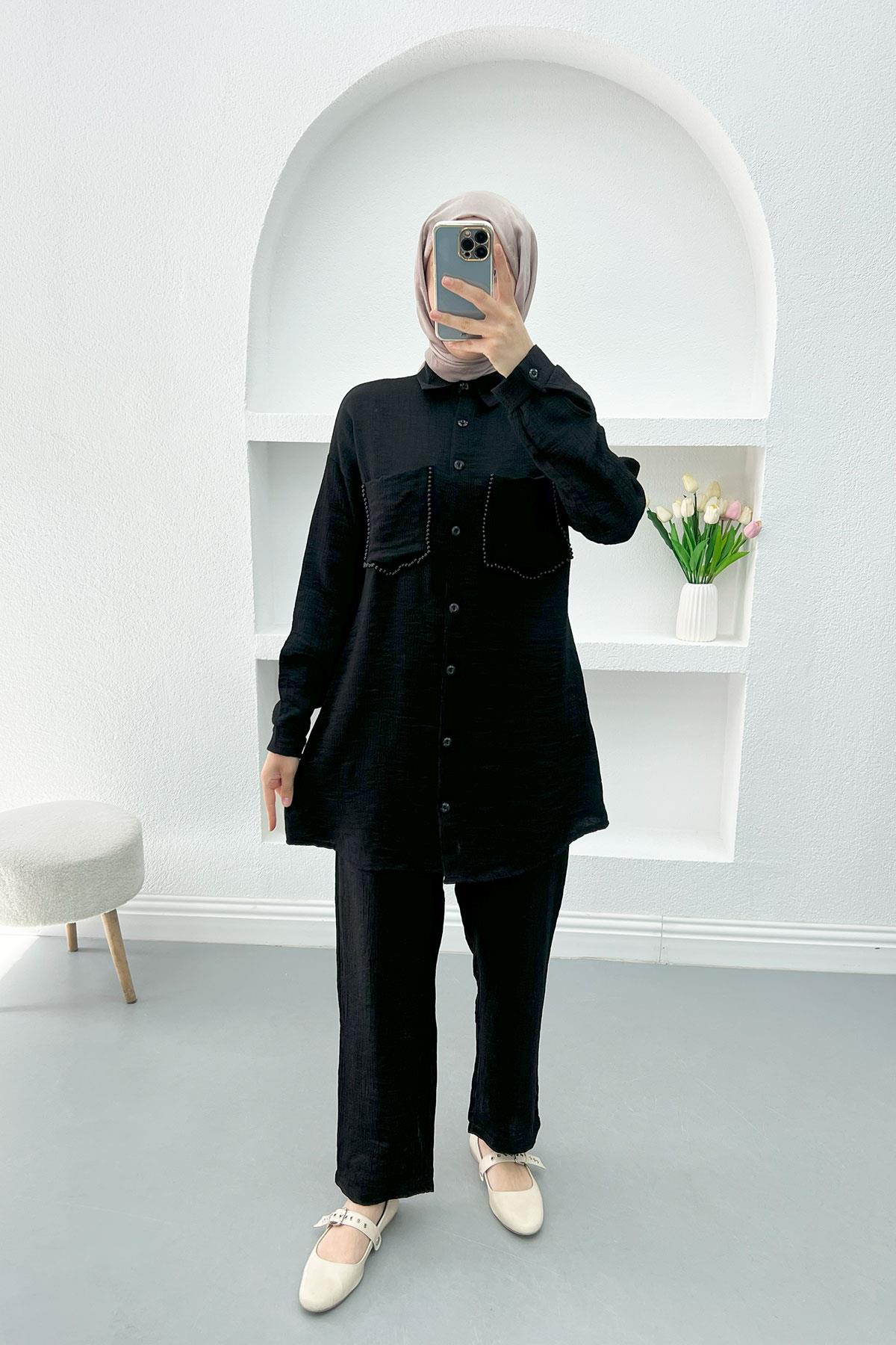 Cep Boncuklu Simli Takım Siyah