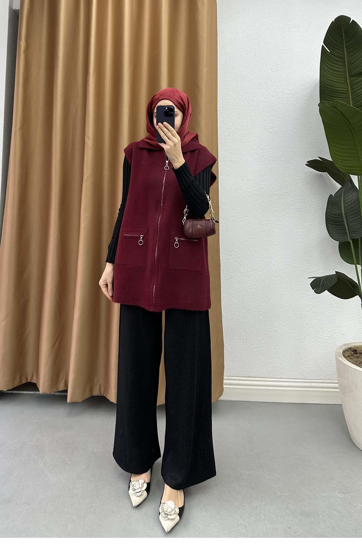 Cep Detaylı Kaşe Yelek Bordo