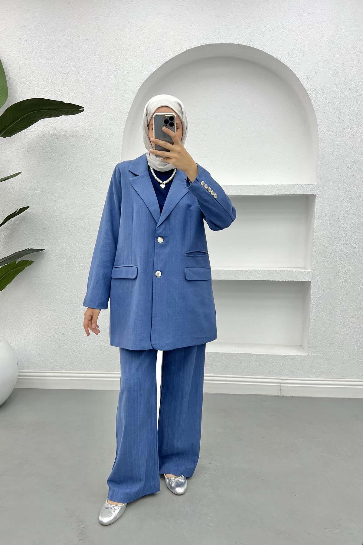 Cep Detaylı Keten Blazer Ceket İndigo